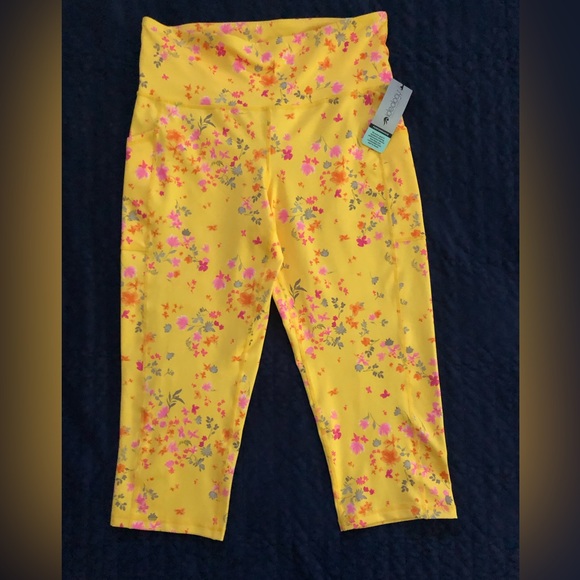 NWT Ideology Performance Cropped Leggings Pansy Lemon Yellow Floral Sz XL - Picture 2 of 11